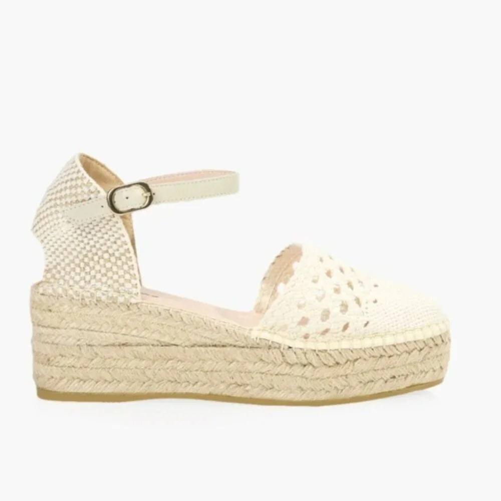 Browns Crochet Espadrille Sandal, cream Woven Fabric Jute Platform SZ 11 EU 41